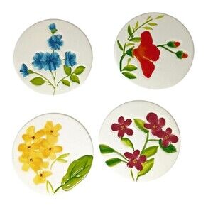 4 Floral Ceramic Handpainted Coasters Red Yellow Blue Green 4.5" With Cork Back